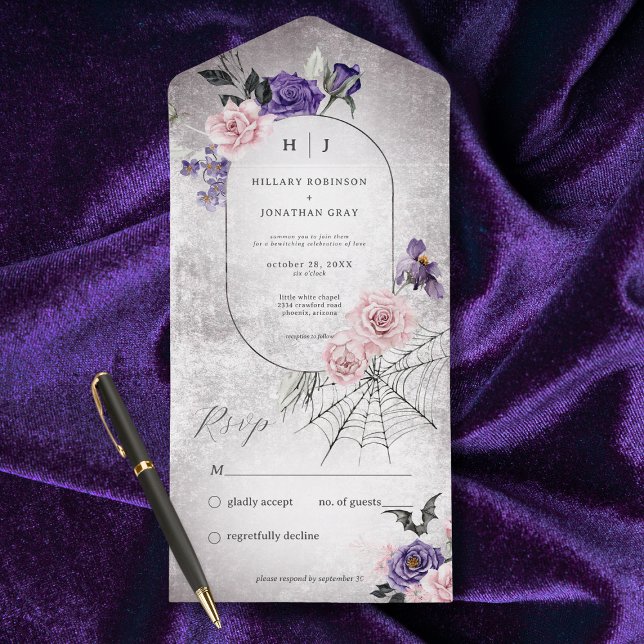 Gothic Pink & Purple Floral Halloween No Dinner    All In One Invitation (Also available with a QR code or with dinner selection options.)