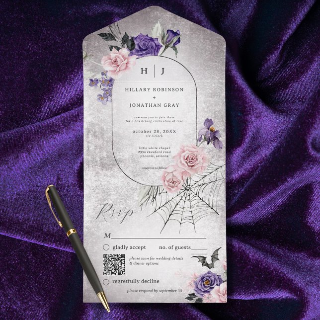 Gothic Pink & Purple Floral Halloween QR Code   All In One Invitation (Also available without a QR code; with or without dinner selection options.)