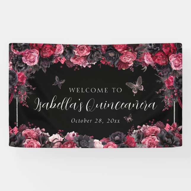 Gothic Pink Red & Black Moody Quinceañera Banner (Horizontal)