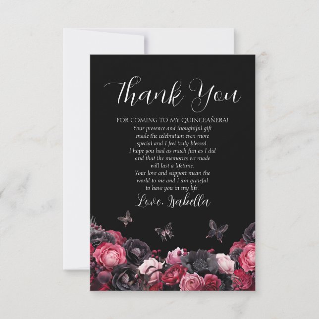 Gothic Pink Red & Black Moody Quinceañera Thank You Card (Front)