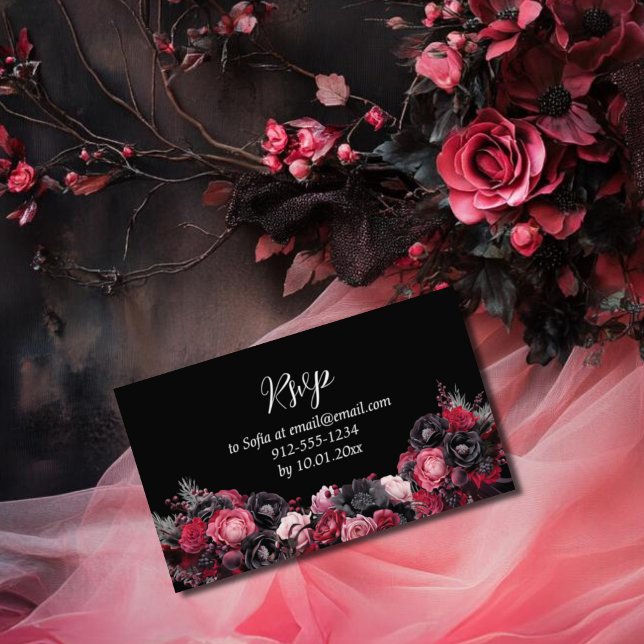Gothic Pink Red & Black Quinceañera Enclosure Card (Gothic RSVP card for quinceañera in red, pink and black moody florals with butterflies)