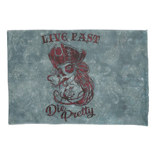 Gothic Pirate Skull Woman Live Fast Die Pretty Pillowcase