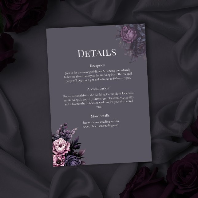 Gothic Plum Floral Wedding Details Card (Gothic Plum Floral Wedding Invitation on a gothic wedding table with dark roses)