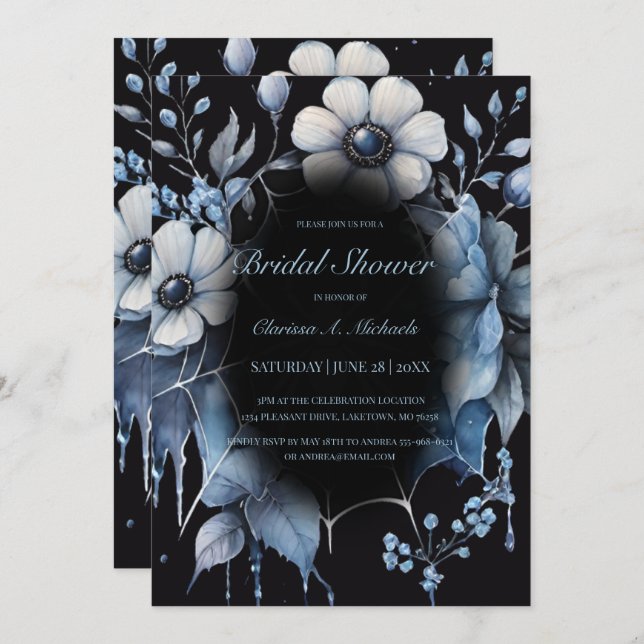 Gothic Powder Blue Floral Spider Web Bridal Shower Invitation (Front/Back)
