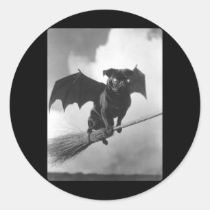 Gothic Pug With Bat Wings Witch Broom Spooky Classic Round Sticker