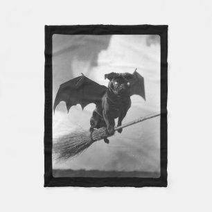 Gothic Pug With Bat Wings Witch Broom Spooky Fleece Blanket