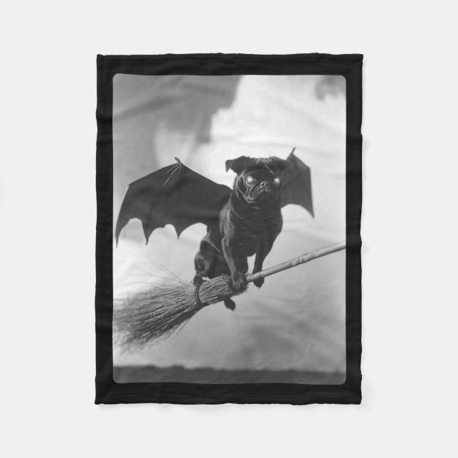 Gothic Pug With Bat Wings Witch Broom Spooky Fleece Blanket (Front)