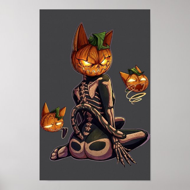 Gothic Pumpkin Head Skeleton Cat Halloween Poster (Front)