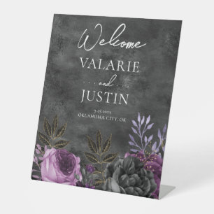 Gothic Purple and Black Floral Welcome Wedding Pedestal Sign
