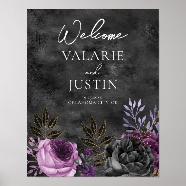 Gothic Purple and Black Floral Welcome Wedding Poster (Front)
