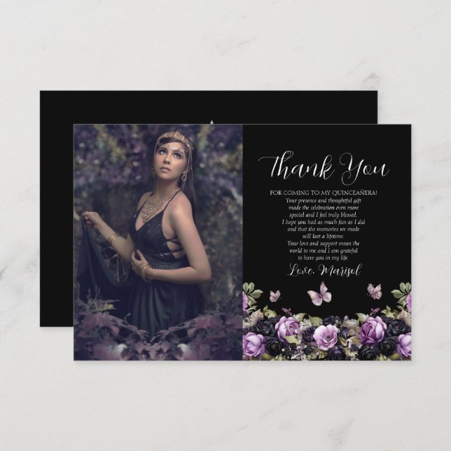Gothic Purple & Black Moody Quinceañera Thank You Card (Front/Back)
