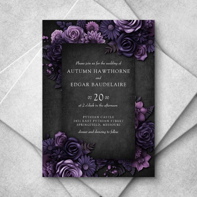 Gothic Purple Black Roses Wedding Invitation (Creator Uploaded)