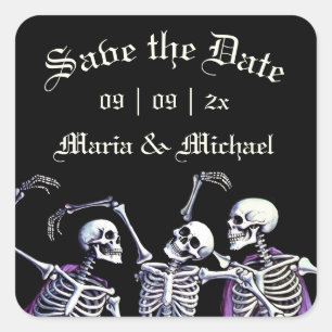 Gothic Purple Dancing Skeletons Save the Date Square Sticker