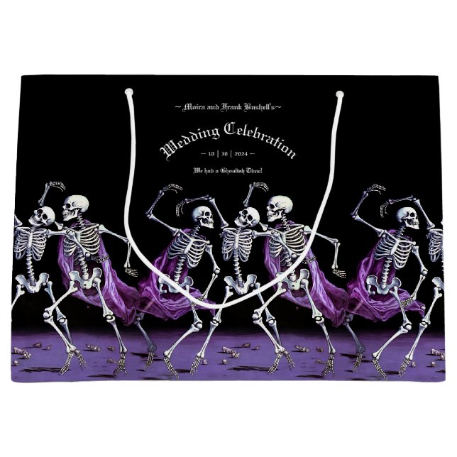 Gothic Purple Dancing Skeletons Spooky Wedding Large Gift Bag (Front)