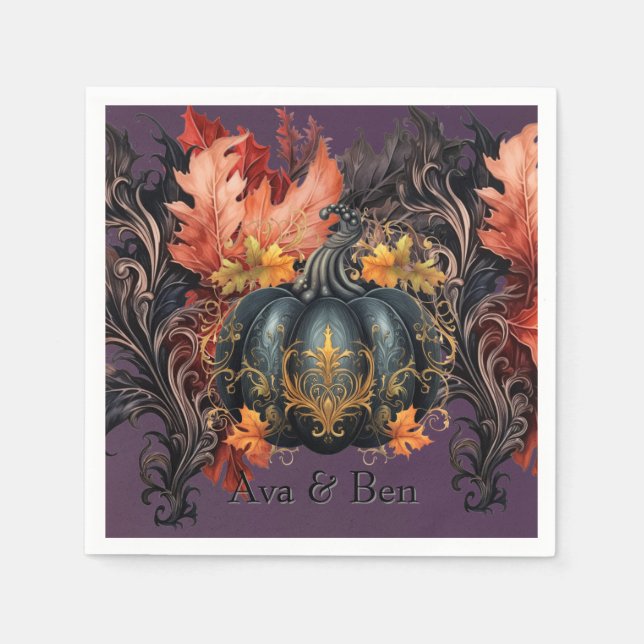Gothic Purple Fairytale Pumpkin Fall Wedding Napkin (Front)