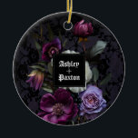 Gothic Purple Floral Bouquet on Lace with Ravens Ceramic Ornament<br><div class="desc">This ornament is perfect for a modern elegant Gothic wedding. The moody floral design features a natural bouquet of purple flowers in a luxurious arrangement on a dark purple and black lace background with two ravens.

You can personalise with your first names</div>