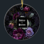 Gothic Purple Floral Bouquet on Lace with Ravens Ceramic Ornament<br><div class="desc">This ornament is perfect for a modern elegant Gothic wedding. The moody floral design features a natural bouquet of purple flowers in a luxurious arrangement on a dark purple and black lace background with two ravens.

You can personalise with your first names</div>