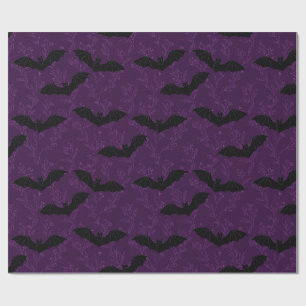 Gothic Purple Flying Bats Botanical Pattern Wrapping Paper