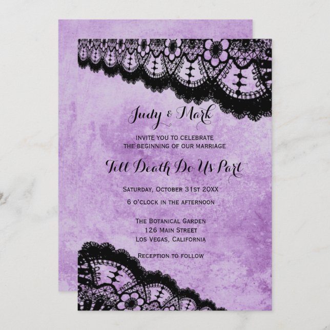 Gothic Purple Grunge Black Lace Wedding Invitation (Front/Back)