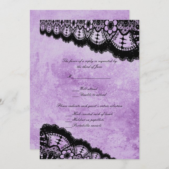 Gothic Purple Grunge Black Lace Wedding Response Invitation (Front/Back)