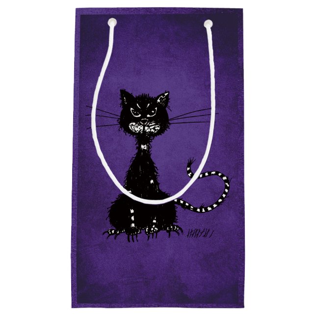 Gothic Purple Ragged Evil Black Cat Small Gift Bag (Front)
