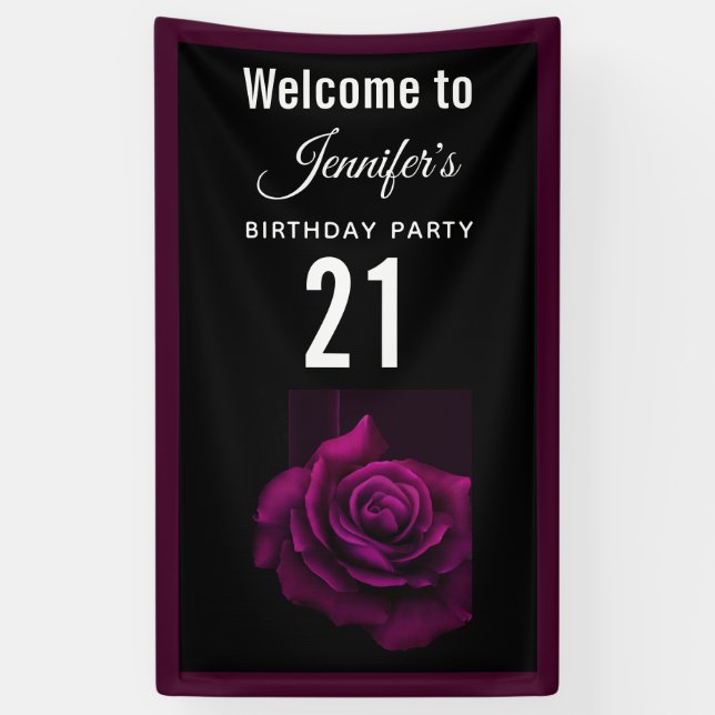Gothic Purple-Red Rose Flower Birthday Welcome Banner (Vertical)