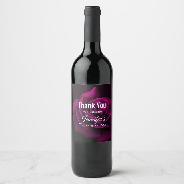Gothic Purple-Red Rose Flower Birthday Wine Label (Front)