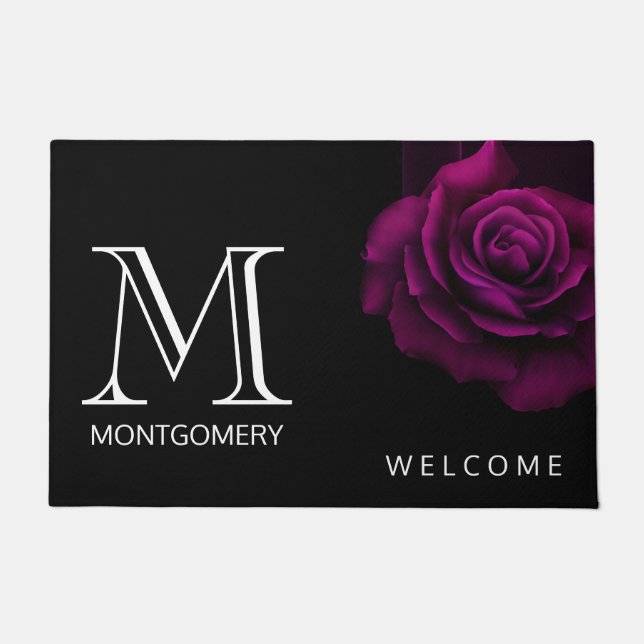 Gothic Purple-Red Rose Flower Monogram Welcome Doormat (Front)