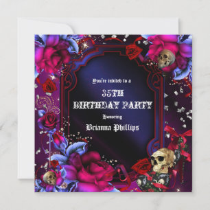 Gothic Purple Red Roses Skulls Bling Invitation