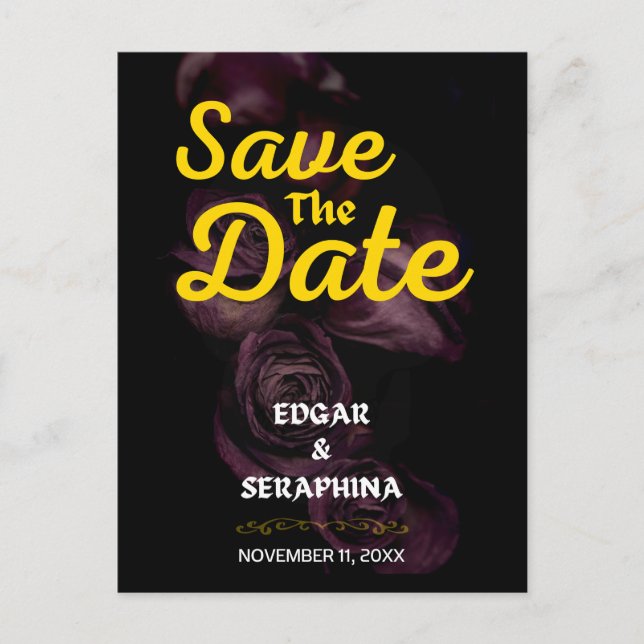 Gothic Purple Rose Black and Gold Save the Date Postcard (Front)