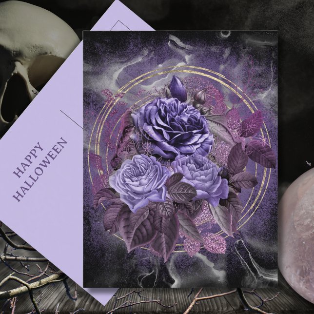 Gothic Purple Roses Happy Halloween Postcard (Creator Uploaded)