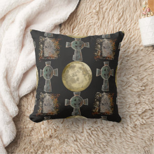 Gothic R.I.P. Headstone Celtic Cross Full Moon Art Cushion