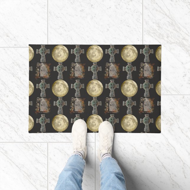 Gothic R.I.P. Headstone Celtic Cross Full Moon Art Doormat (Indoor)