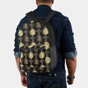 Gothic R.I.P. Headstone Celtic Cross Full Moon Art Printed Backpack