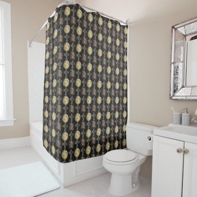 Gothic R.I.P. Headstone Celtic Cross Full Moon Art Shower Curtain (In Situ)