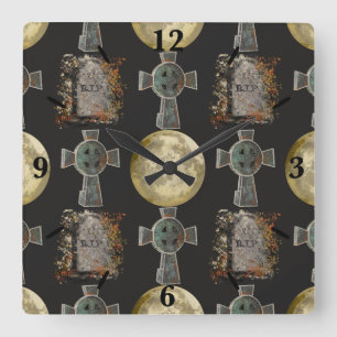Gothic R.I.P. Headstone Celtic Cross Full Moon Art Square Wall Clock
