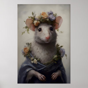 Gothic Rat Art Print Victorian Mouse with Flower