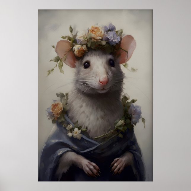 Gothic Rat Art Print Victorian Mouse with Flower (Front)