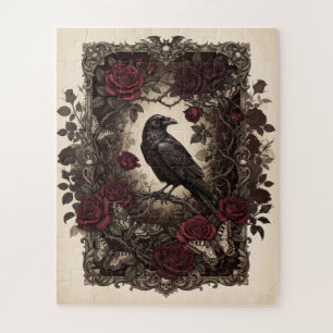 Gothic Raven and Red Roses Vintage Frame Design Jigsaw Puzzle