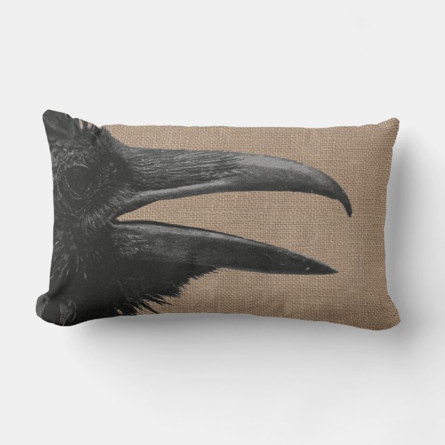 Gothic Raven Bird & Faux Burlap Lumbar Cushion (Front)