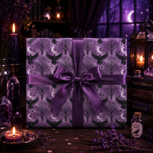 Gothic Raven Crescent Moon Purple Forest Wrapping Paper