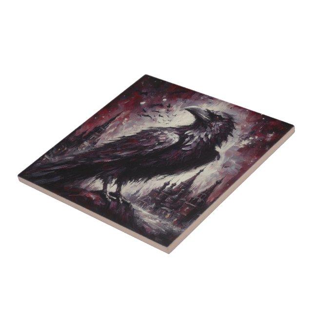 Gothic Raven Crow Bird Painting Black Red Art Ceramic Tile (Side)