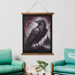 Gothic Raven Crow Bird Painting Black Red Art Hanging Tapestry