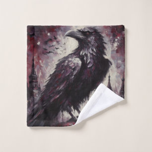 Gothic Raven Crow Bird Painting Black Red Art Wash Cloth