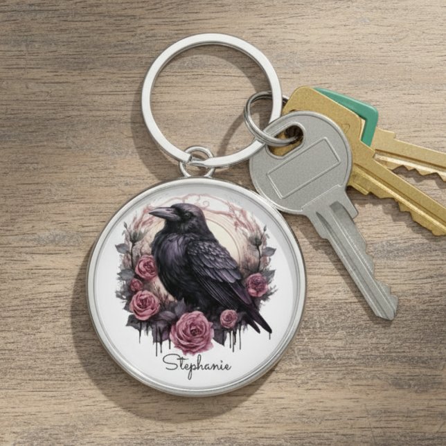 Gothic Raven Dark Academia Floral Key Ring (Black raven with roses keychain)