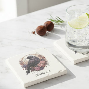 Gothic Raven Dark Academia Floral Stone Coaster