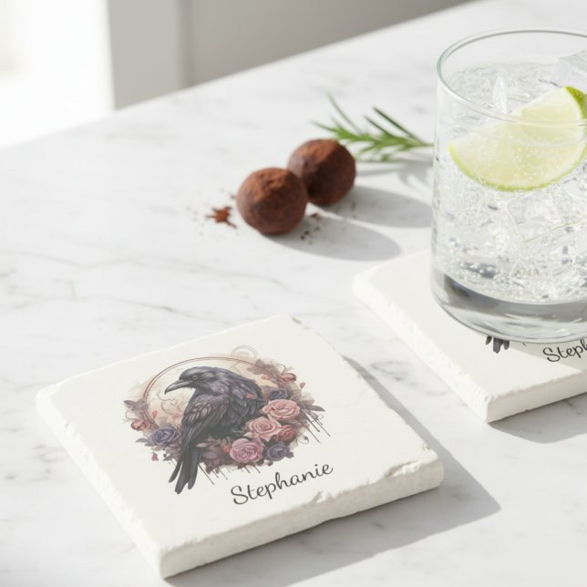 Gothic Raven Dark Academia Floral Stone Coaster (Gothic raven dark academia floral stone coaster)