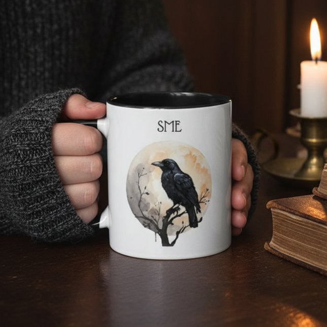 Gothic Raven Dark Academia Full Moon Mug (Monogram raven coffee mug)