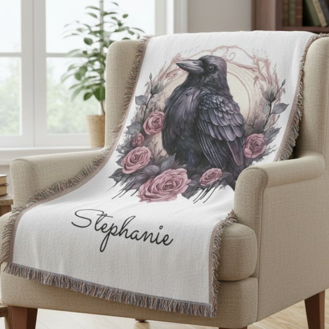 Gothic Raven Dark Academia Pink Floral Throw Blanket (Gothic Black Raven throw blanket)