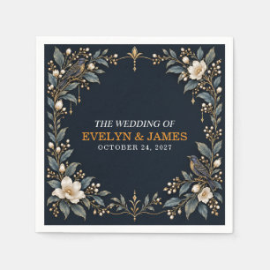 Gothic Raven Floral Navy Gold Wedding Paper Napkin